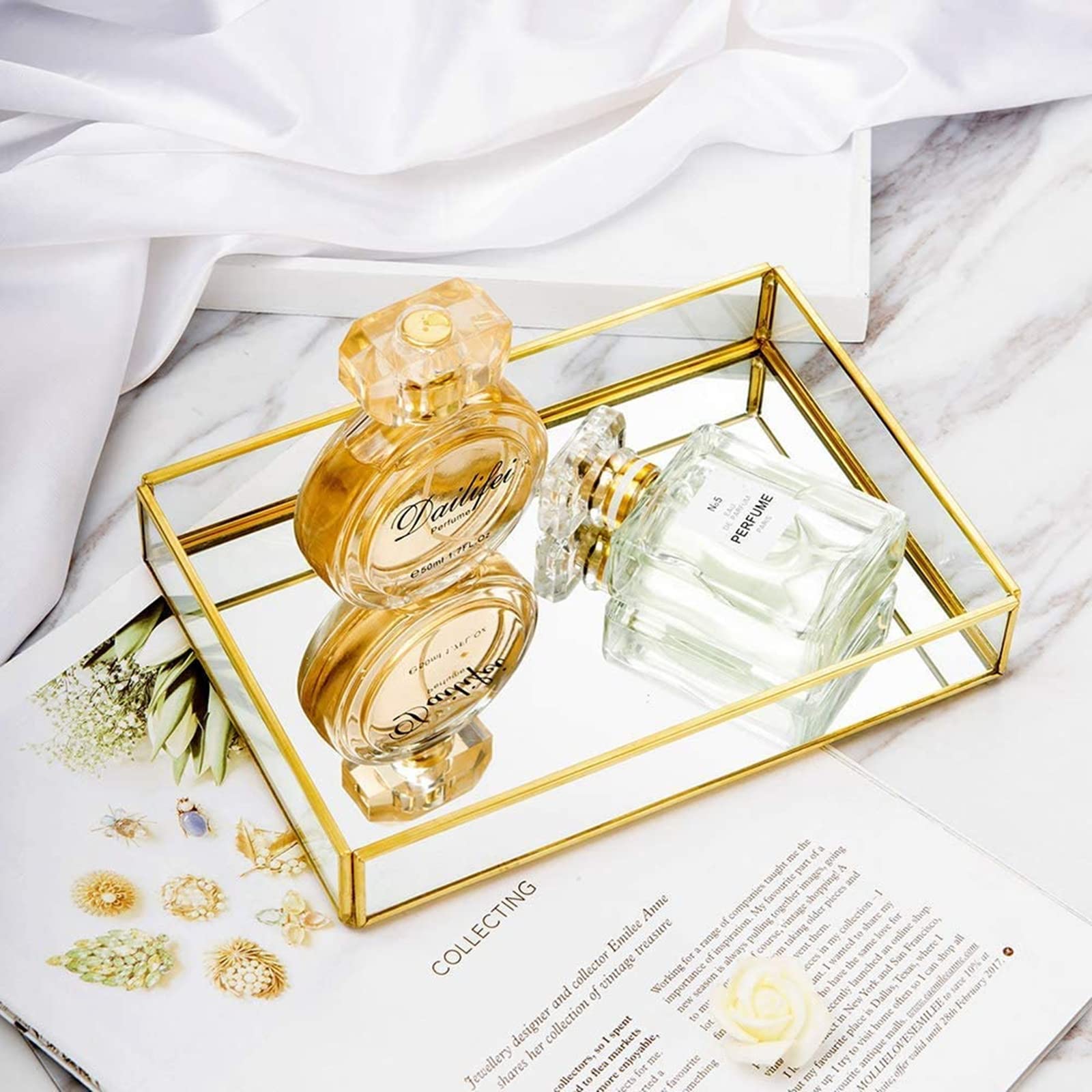 Lyellfe 2 Pack Perfume Trays, Gold Vanity Tray, Decorative Gold Mirror Tray, Non Slip Rectangular Perfume Tray, Jewelry, Bathroo